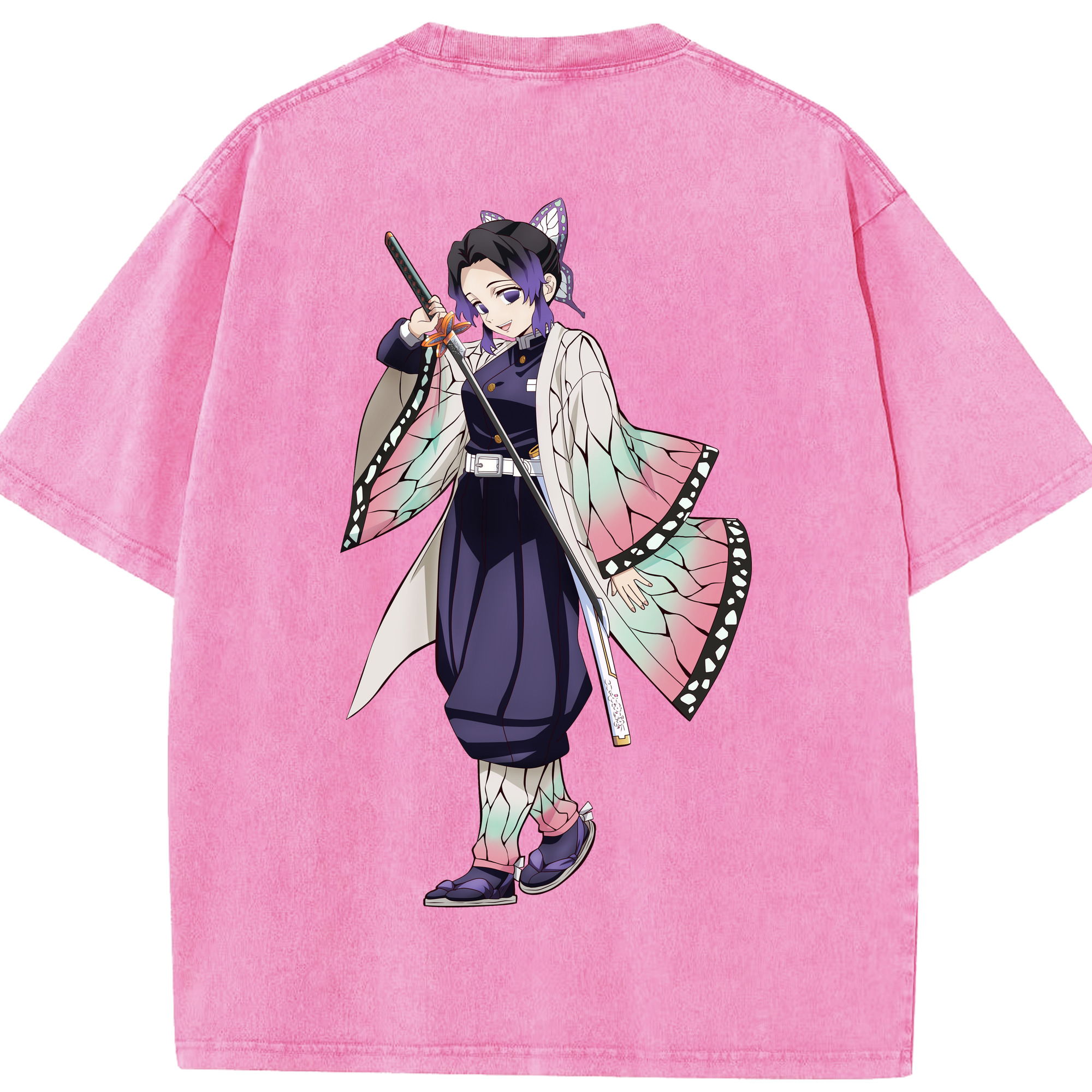 （画像用） 鬼滅の刃（きめつのやいば）蟲柱-胡蝶 しのぶ／こちょう しのぶ Kochou Shinobu 綿100% ヴィンテージ風 半袖Tシャツ（背面プリント）